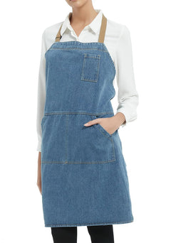 BCHWAY FAMILY Adjustable Bib Apron with Large Pockets Cotton Denim Gardening Apron Cross Back Work Jean Apron for Women Men (Style E Deep Blue)